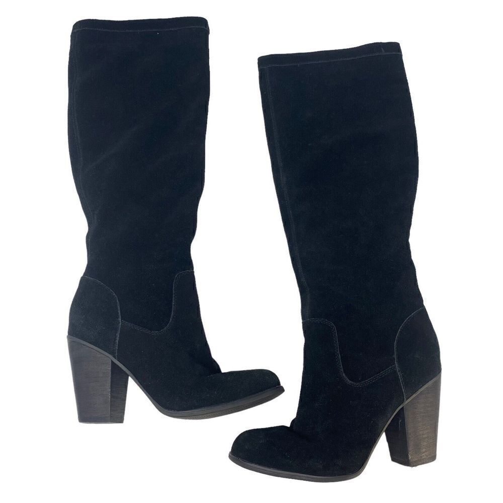 Michael Shannon knee high chunk Heel black‎ leather suede boots Sz US 6.5 157037